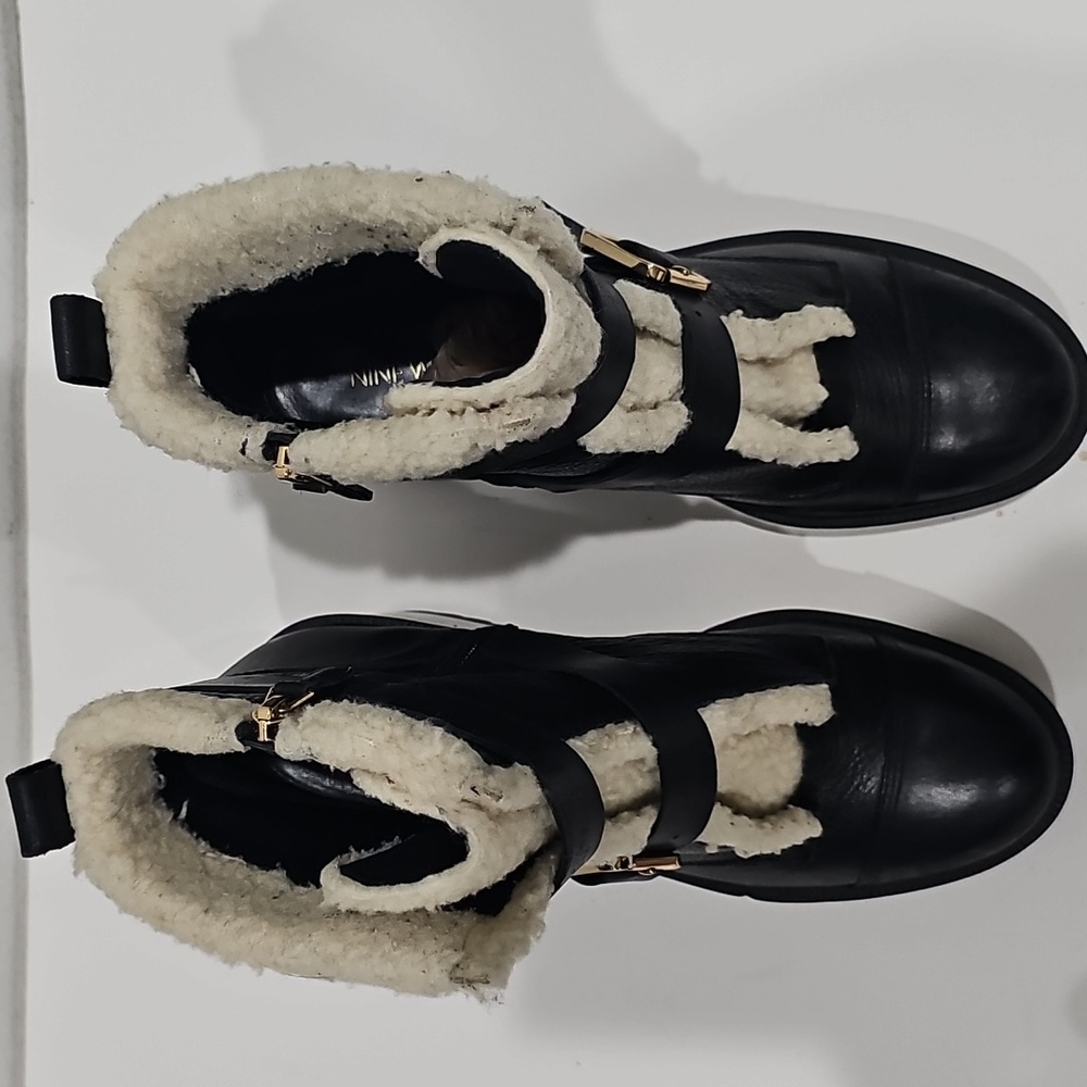 Nine West Black Leather combat Ankle  boots with Faux Shearling Size 10.5 - Picture 9 of 14